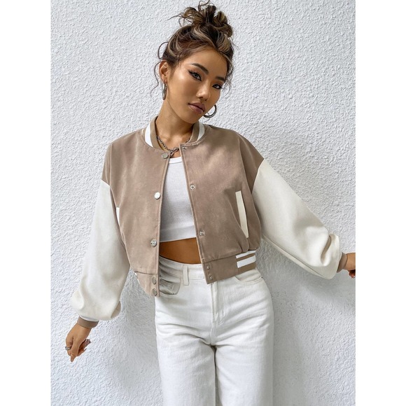 BohoGypsyDreamer.com Jackets & Blazers - Striped Trim Color Block Varsity Bomber Jacket tan white